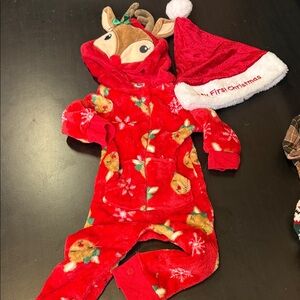 Festive Red Reindeer Kids Pajama Set with Hat
